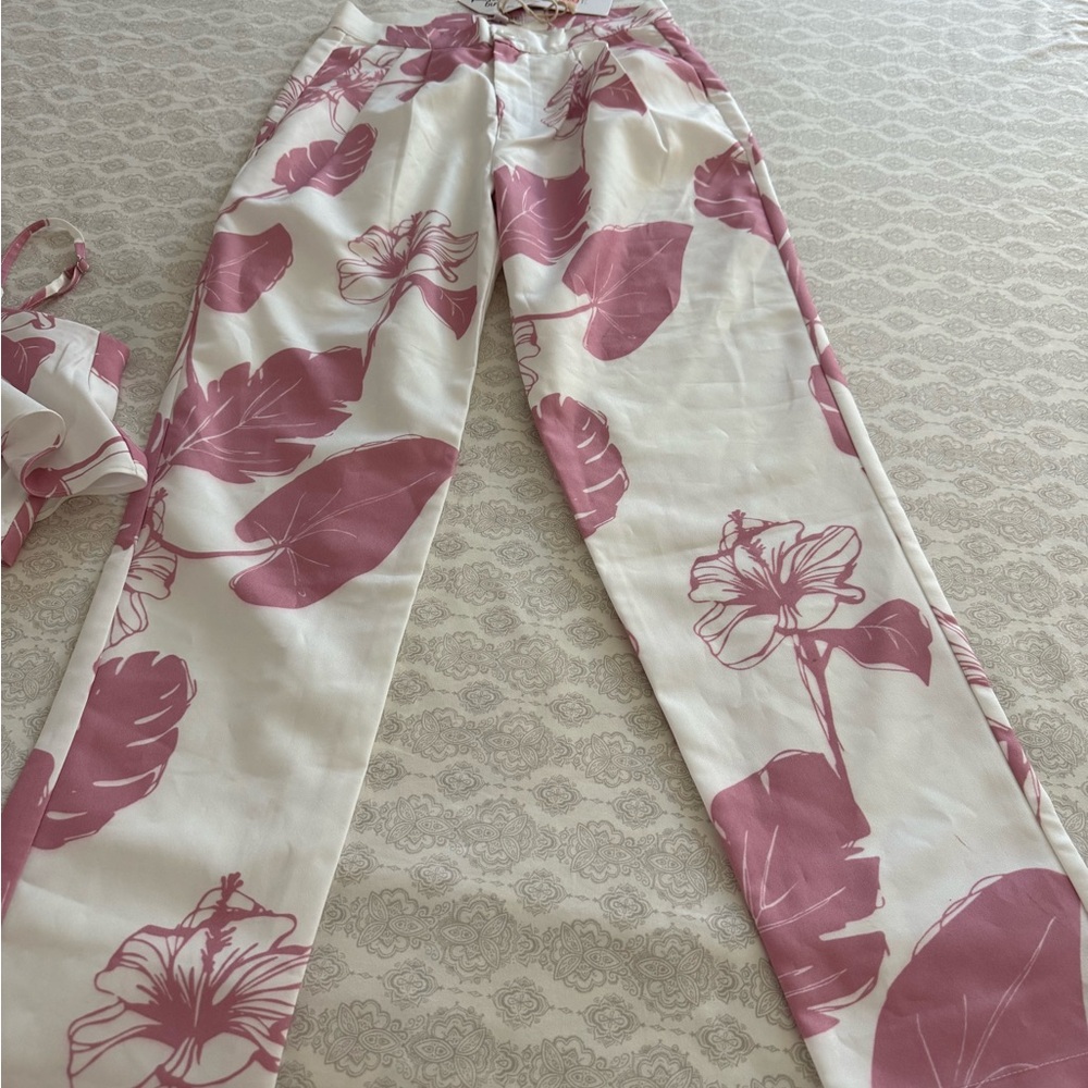 Pink and White Floral Trousers with Vintage Botanical Design